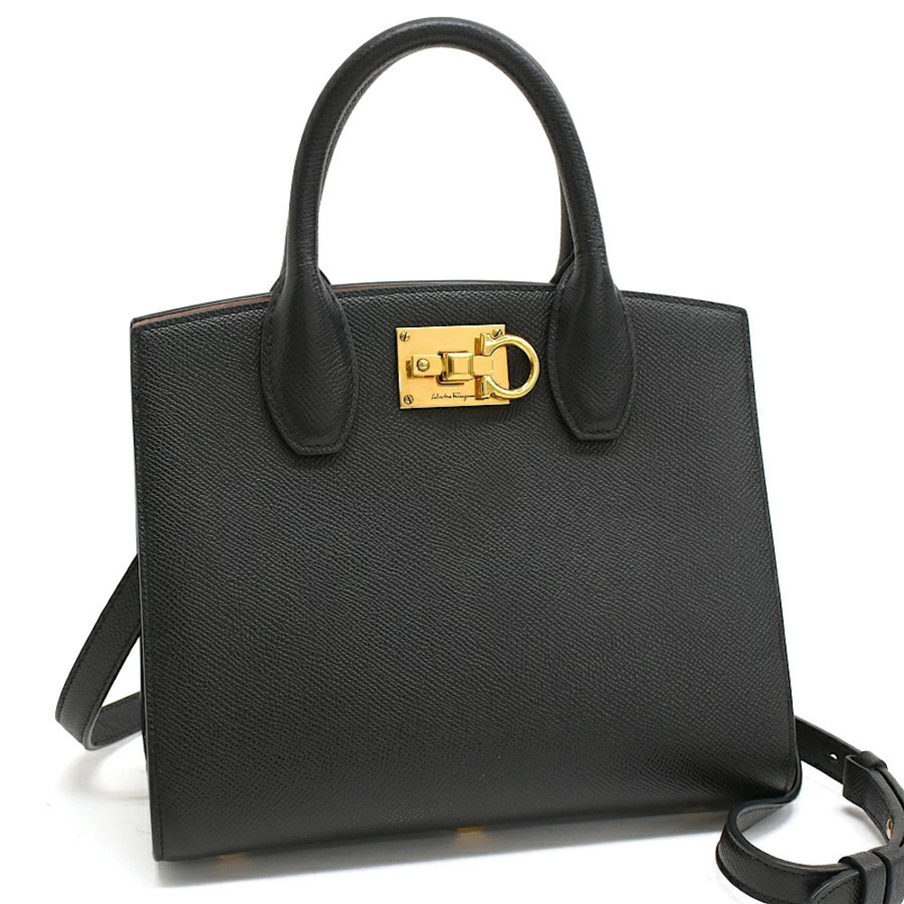 Salvatore Ferragamo Studio Handbag Leather Black Gancini
